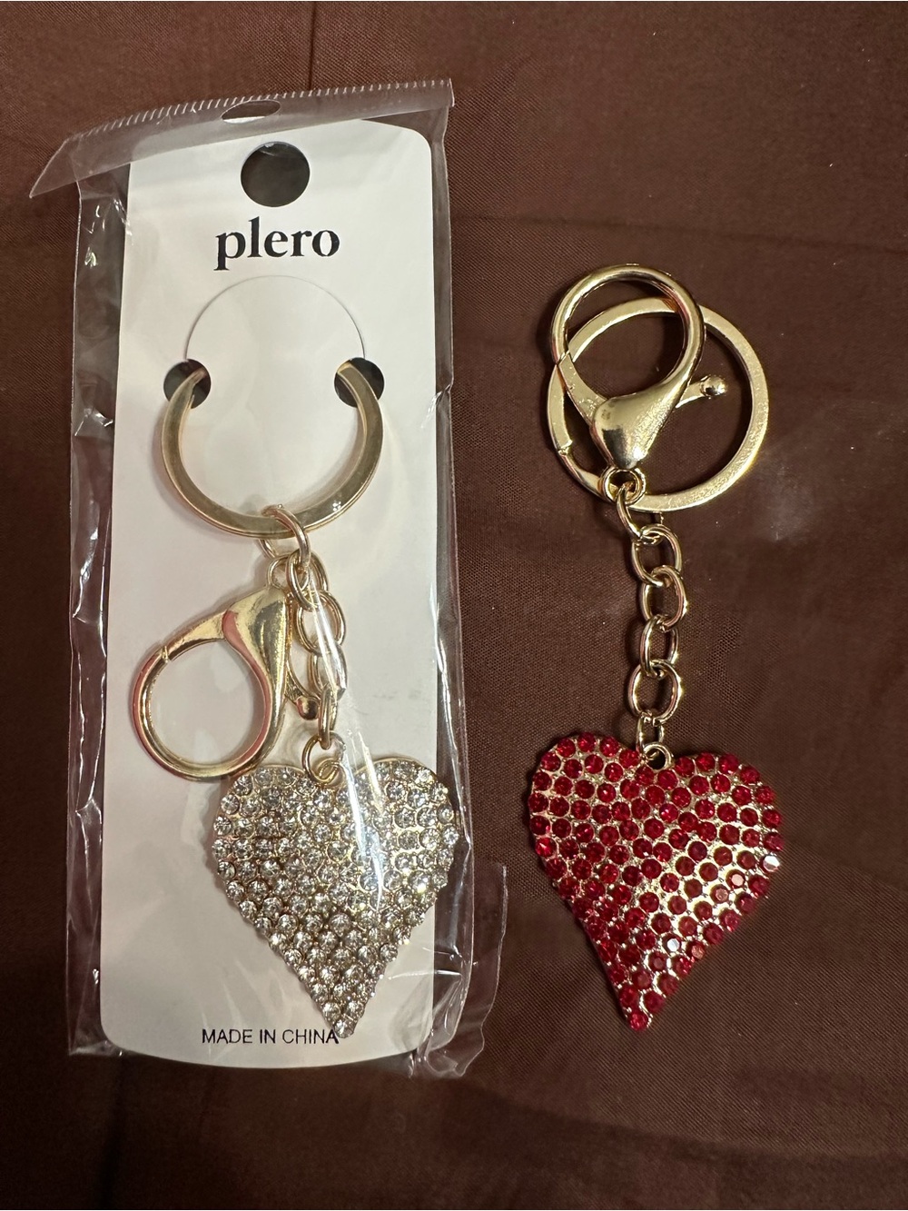 Gold Heart Keychain and  Red Crystal Heart keychain